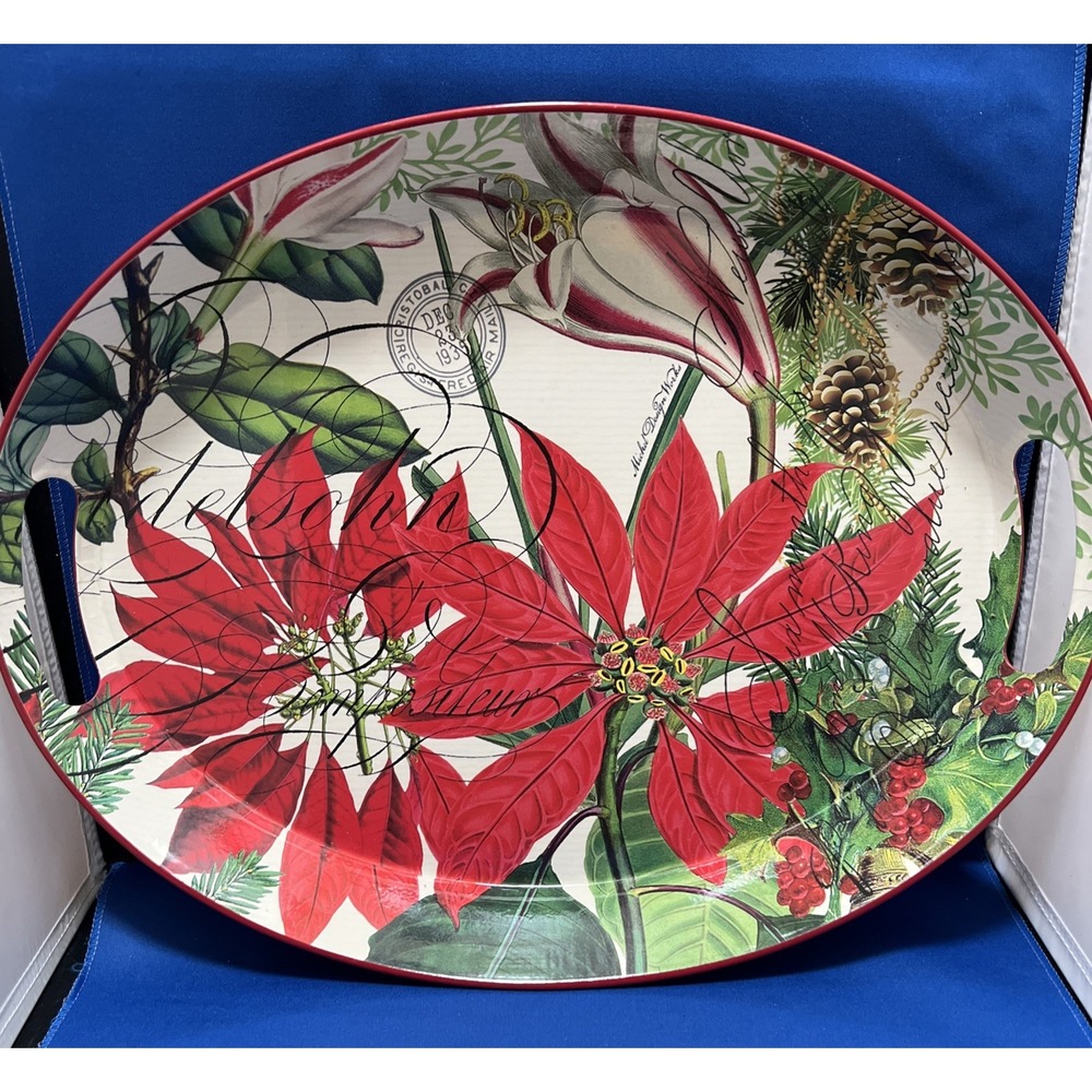 Michel Design Tin Holly Berry Poinsettia Cookie Holiday Serving Tray 16.3x12.8"